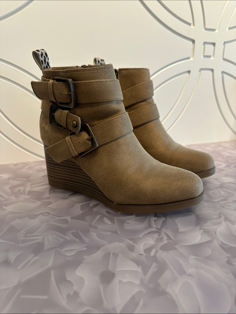 Blowfish Taupe Buckle Strap Wedge Ankle Boots